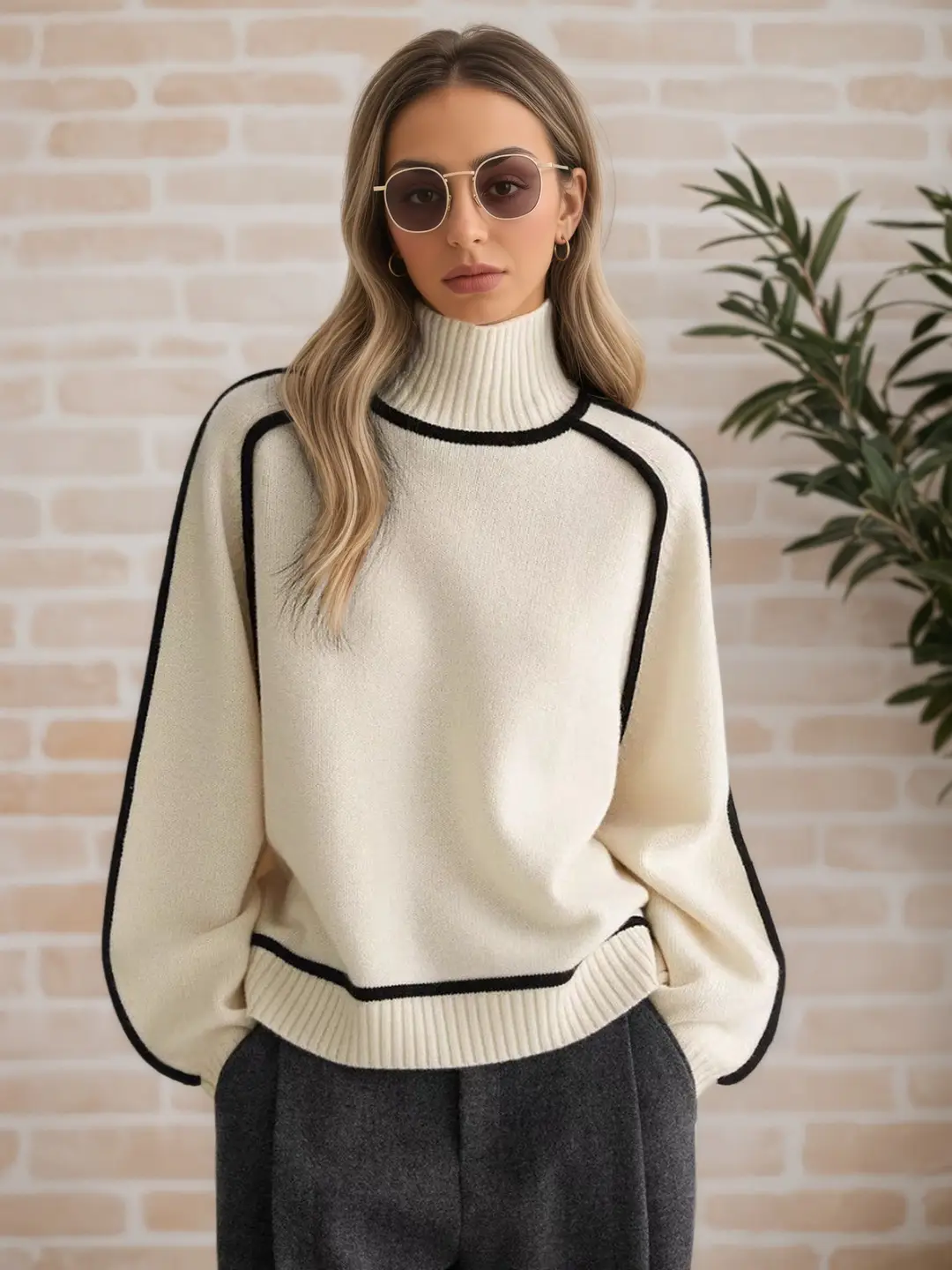 Cross-Border Trade Autumn and Winter Half-High Collar Three-Dimensional Striped Slimming Casual Loose Pullover Knit Sweater Lazy Style Sweater — feature 14
