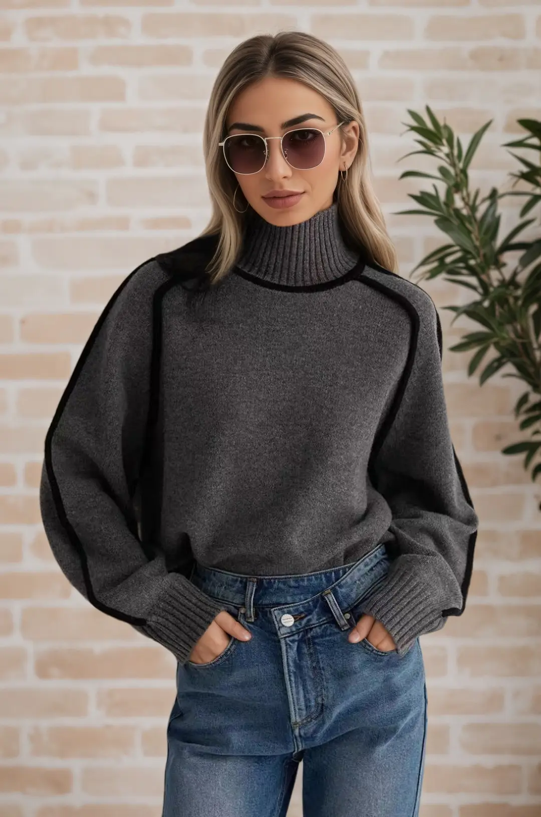 Cross-Border Trade Autumn and Winter Half-High Collar Three-Dimensional Striped Slimming Casual Loose Pullover Knit Sweater Lazy Style Sweater — feature 21