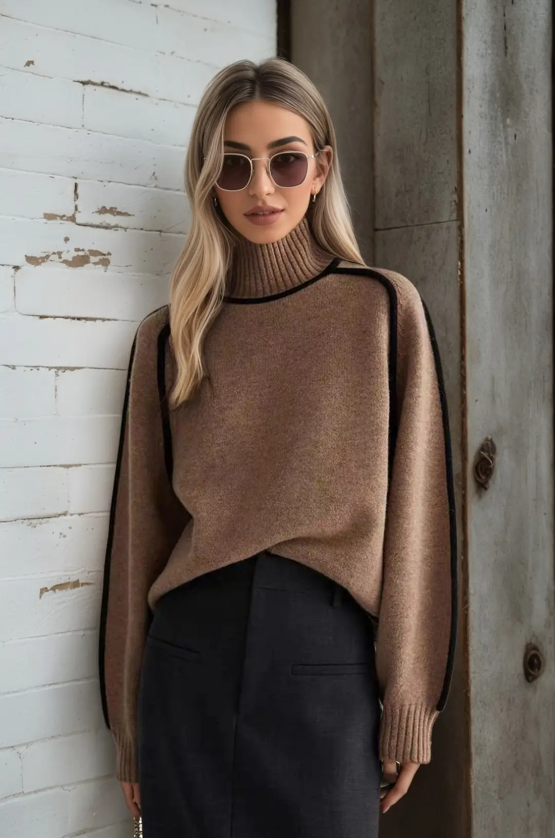 Cross-Border Trade Autumn and Winter Half-High Collar Three-Dimensional Striped Slimming Casual Loose Pullover Knit Sweater Lazy Style Sweater — feature 7