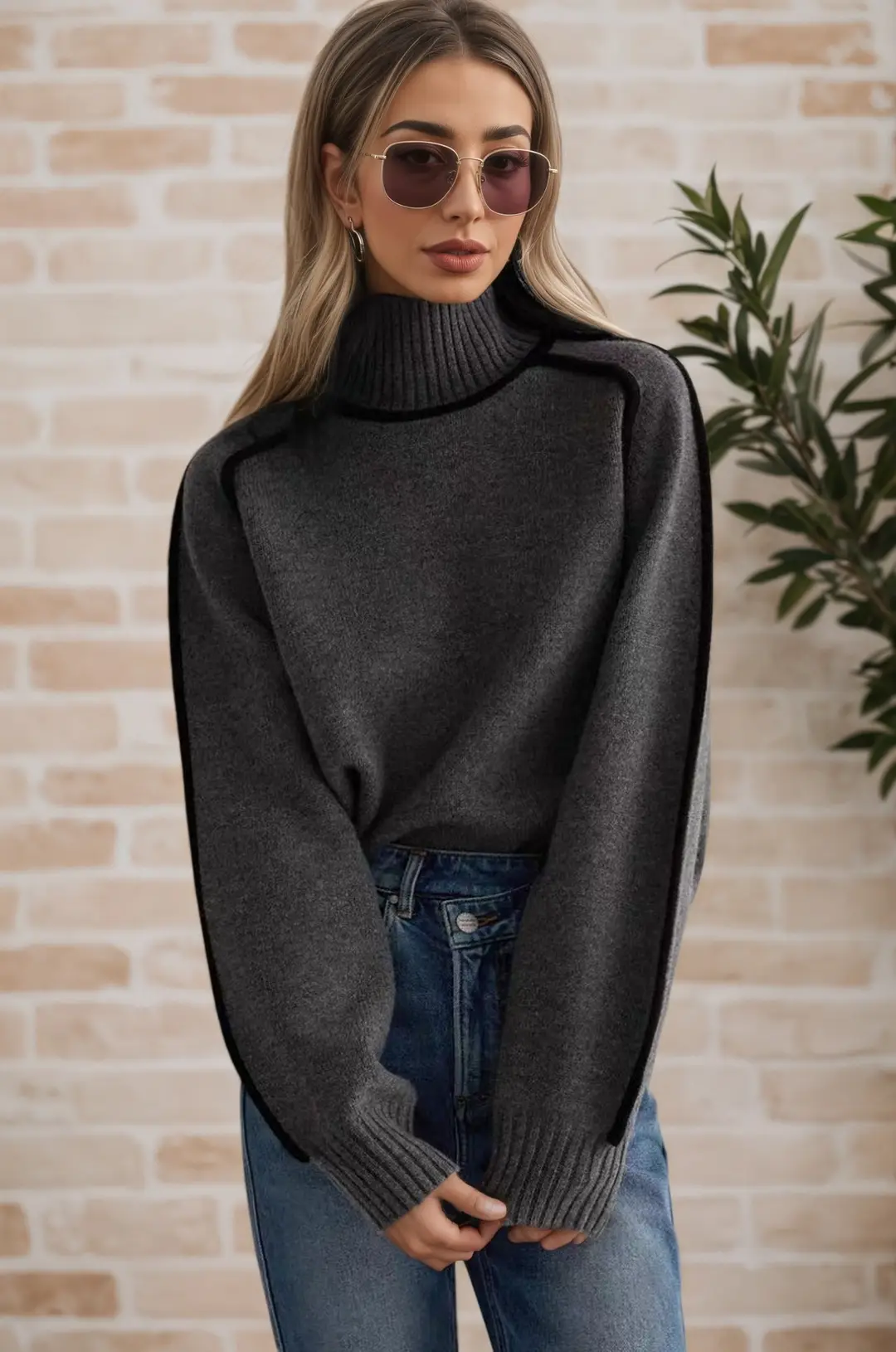 Cross-Border Trade Autumn and Winter Half-High Collar Three-Dimensional Striped Slimming Casual Loose Pullover Knit Sweater Lazy Style Sweater