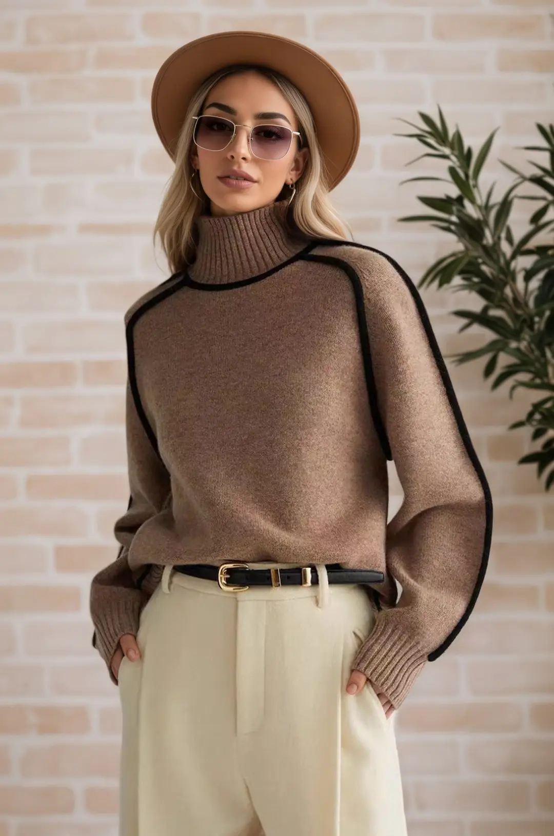 Cross-Border Trade Autumn and Winter Half-High Collar Three-Dimensional Striped Slimming Casual Loose Pullover Knit Sweater Lazy Style Sweater
