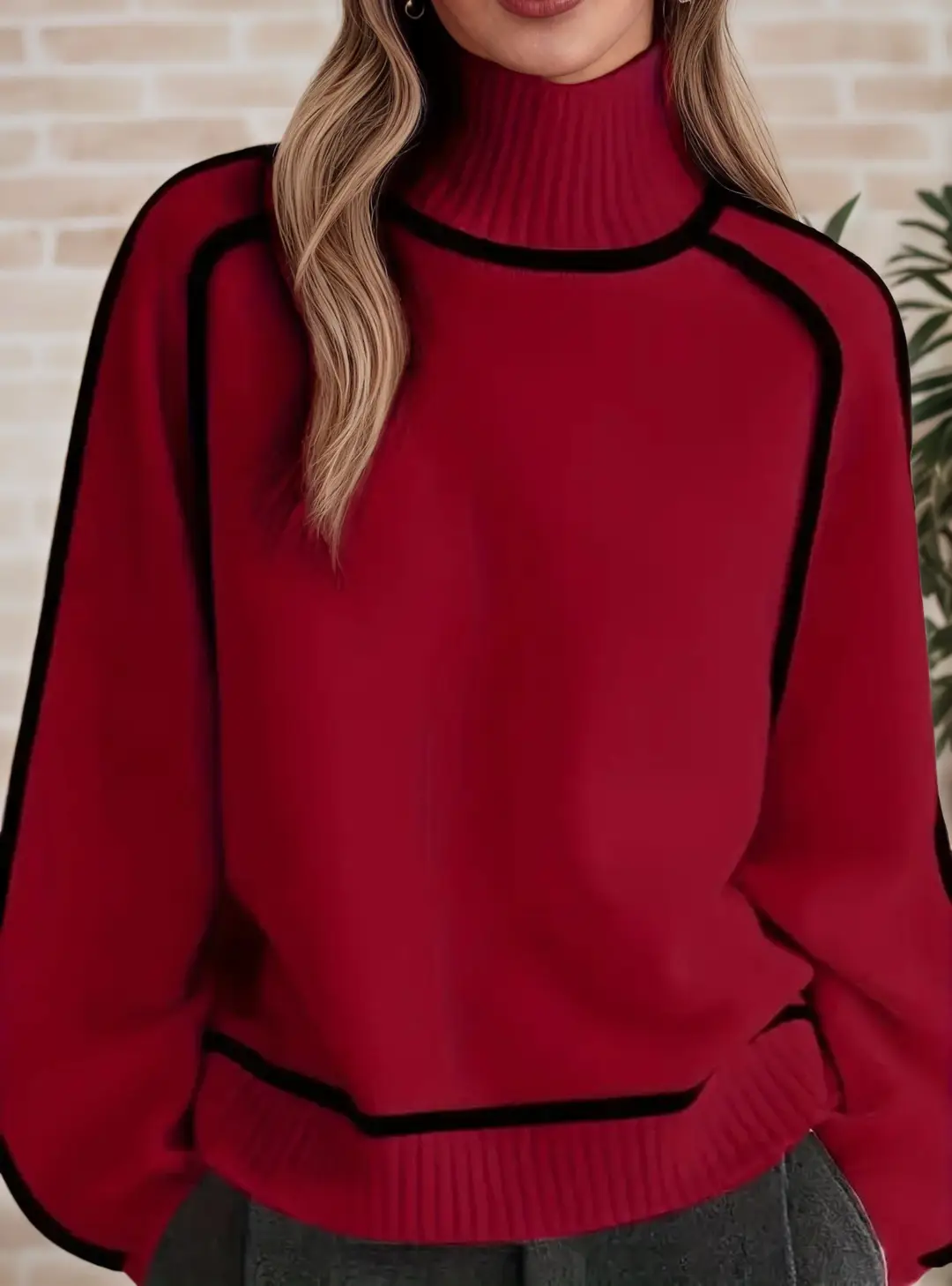 Cross-Border Trade Autumn and Winter Half-High Collar Three-Dimensional Striped Slimming Casual Loose Pullover Knit Sweater Lazy Style Sweater