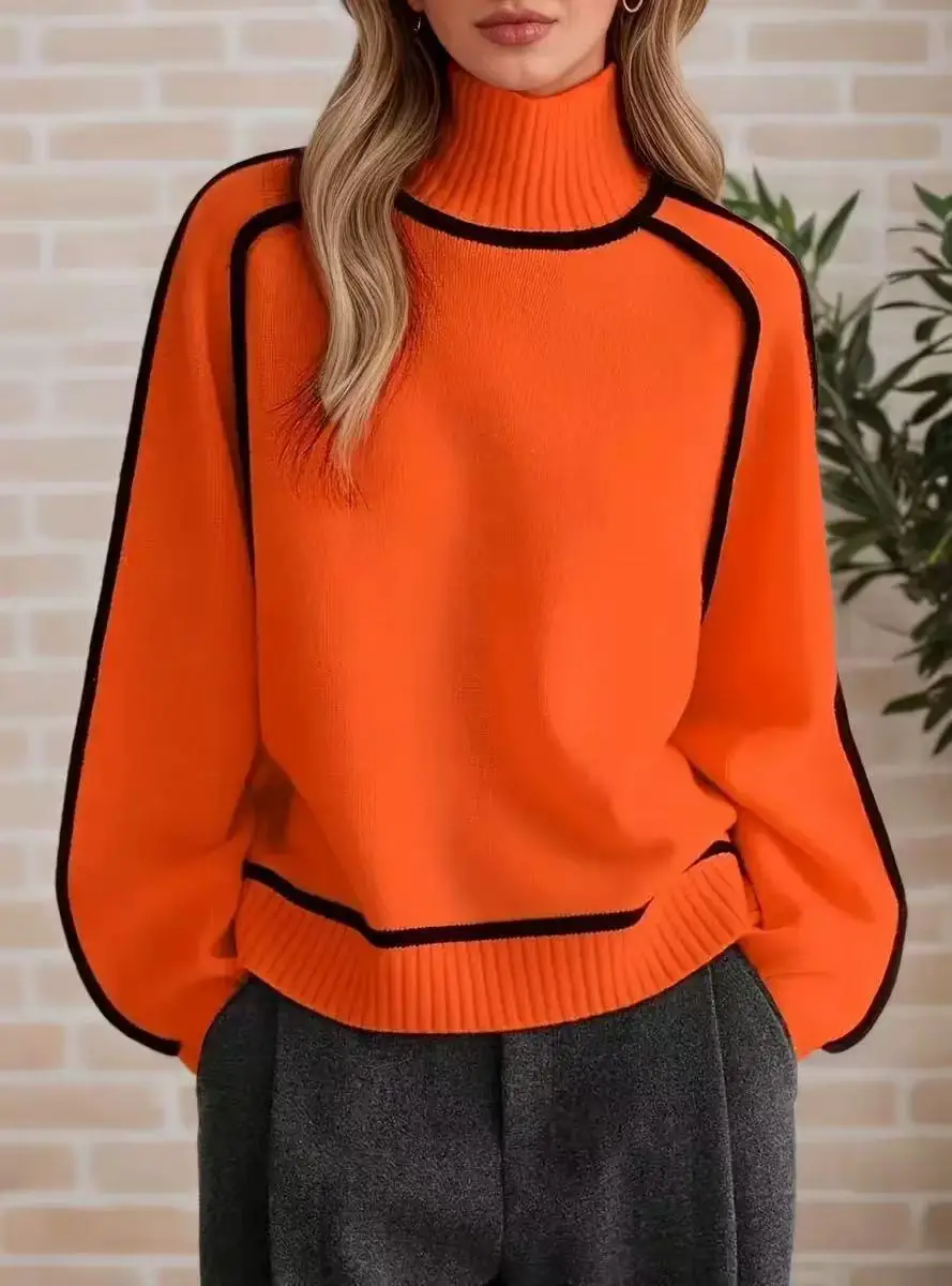 Cross-Border Trade Autumn and Winter Half-High Collar Three-Dimensional Striped Slimming Casual Loose Pullover Knit Sweater Lazy Style Sweater