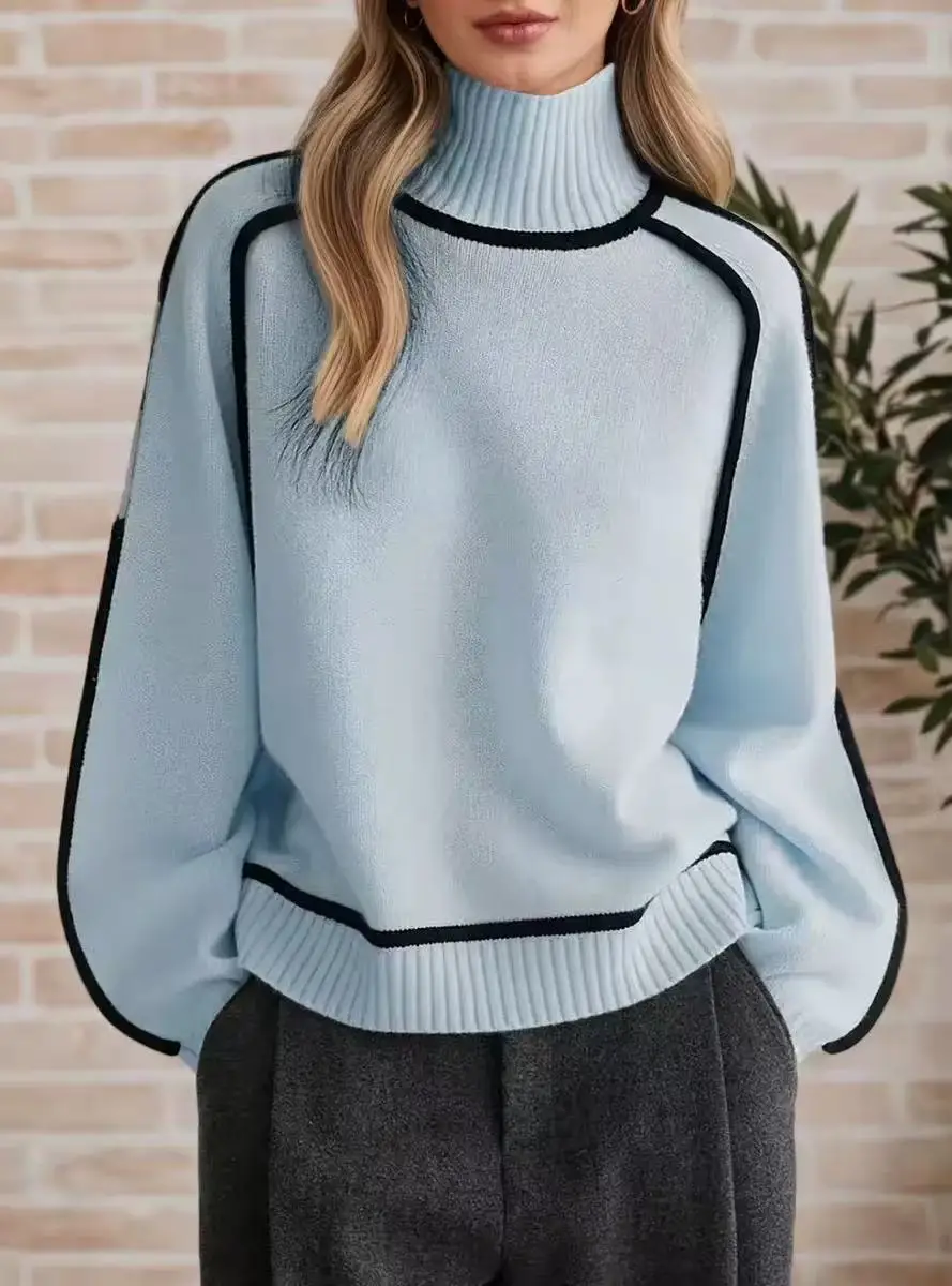 Cross-Border Trade Autumn and Winter Half-High Collar Three-Dimensional Striped Slimming Casual Loose Pullover Knit Sweater Lazy Style Sweater