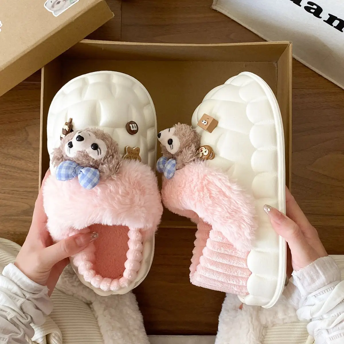 Cute Bear Removable Cotton Slippers Women Winter Warm Waterproof — feature 36