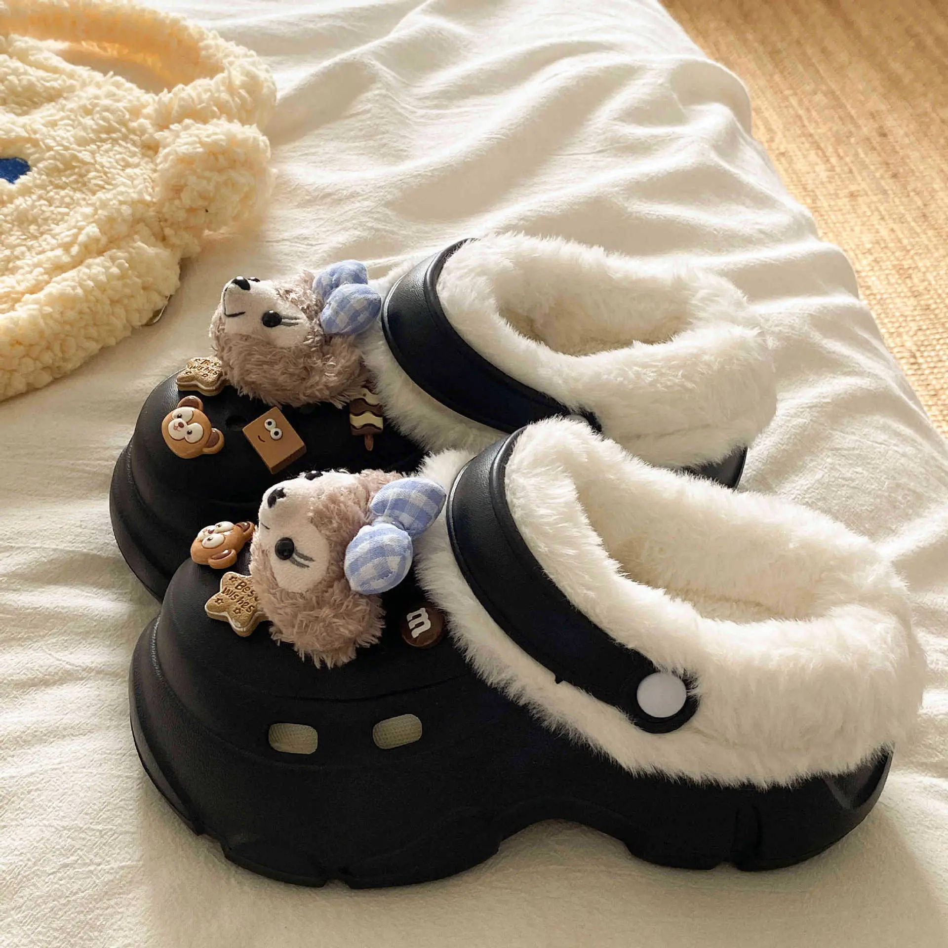 Cute Bear Design Winter Croc Shoes for Women - Image 2