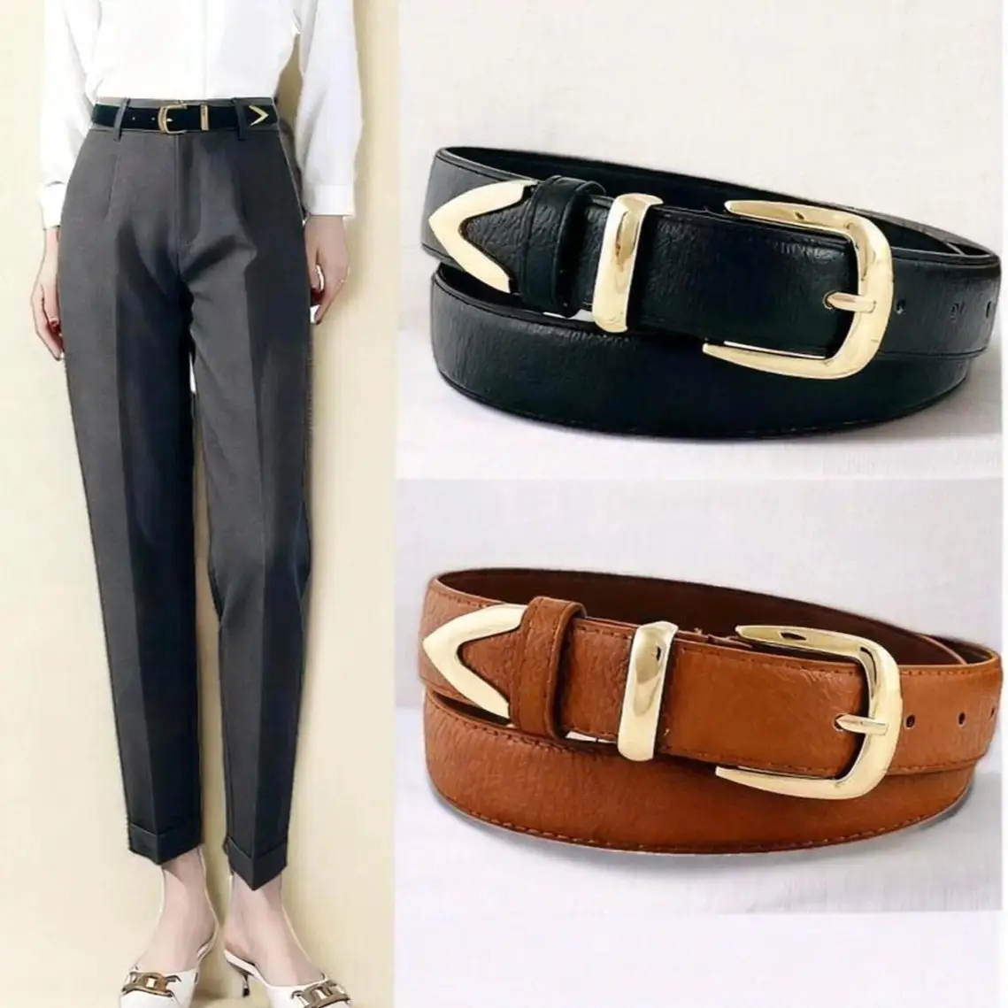 Women's Gold Buckle Belt Black Brown Brown - Image 6