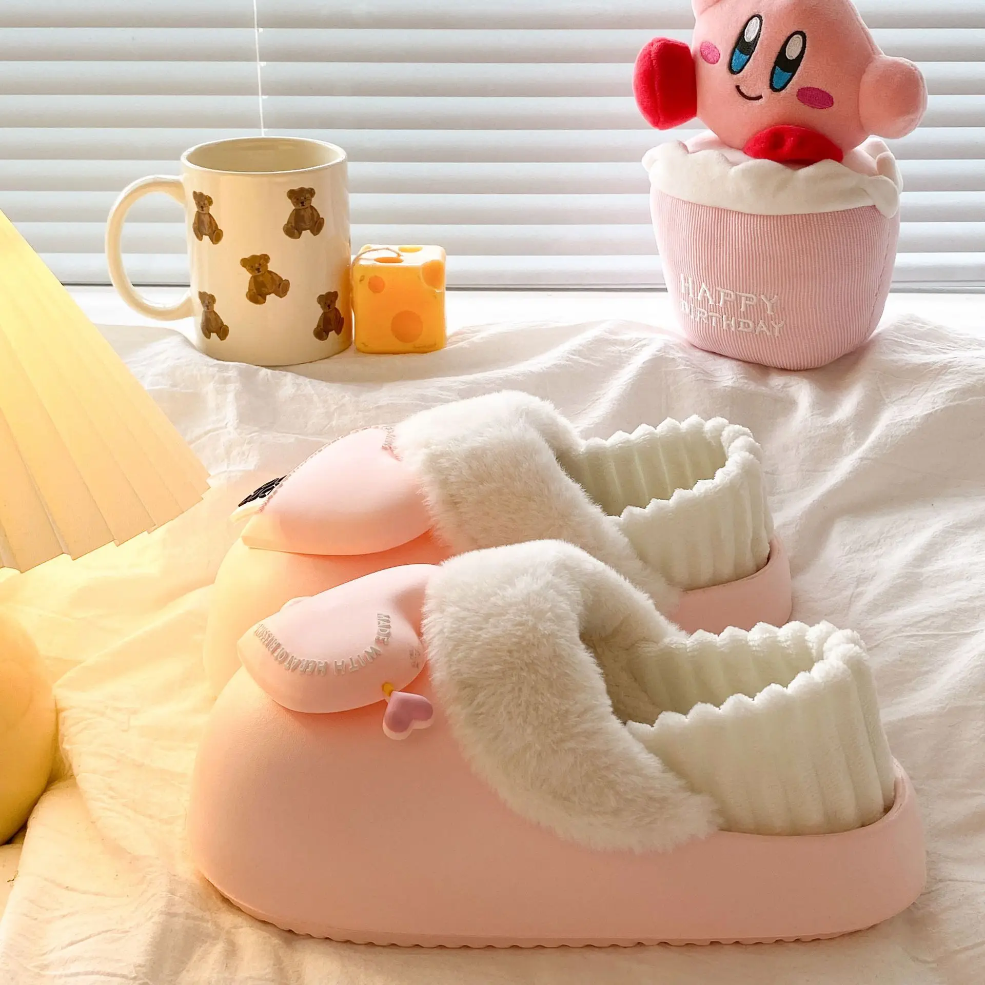 Women's Pink Heart Furry Slippers Winter Warm - Image 6