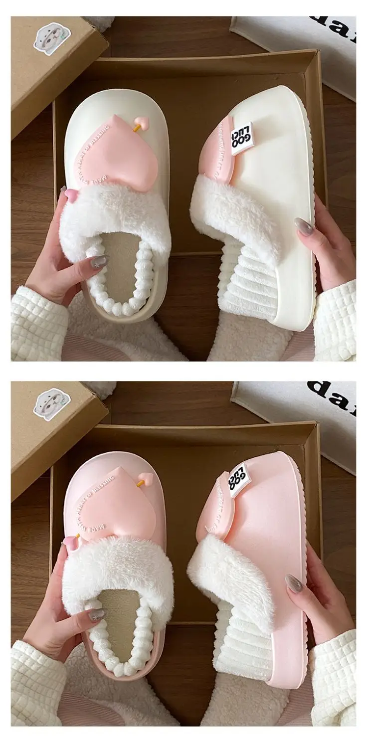 Women's Pink Heart Furry Slippers Winter Warm — feature 17