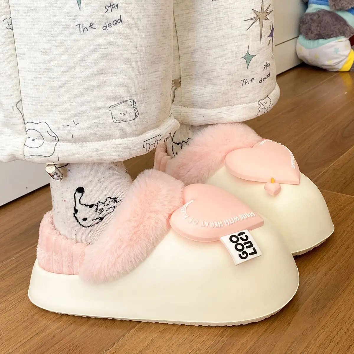 Women's Pink Heart Furry Slippers Winter Warm — feature 30