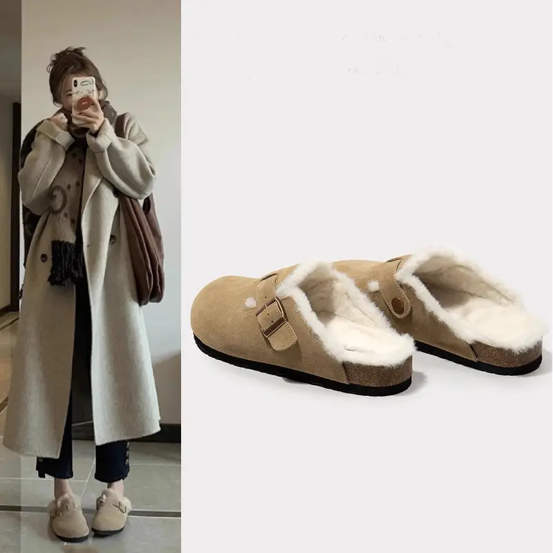 Trendy Furry Birkenstock Style Closed-Toe Mules for Women, New Autumn/Winter Non-Slip Warm Plush Slip-On Cotton Slippers for Men