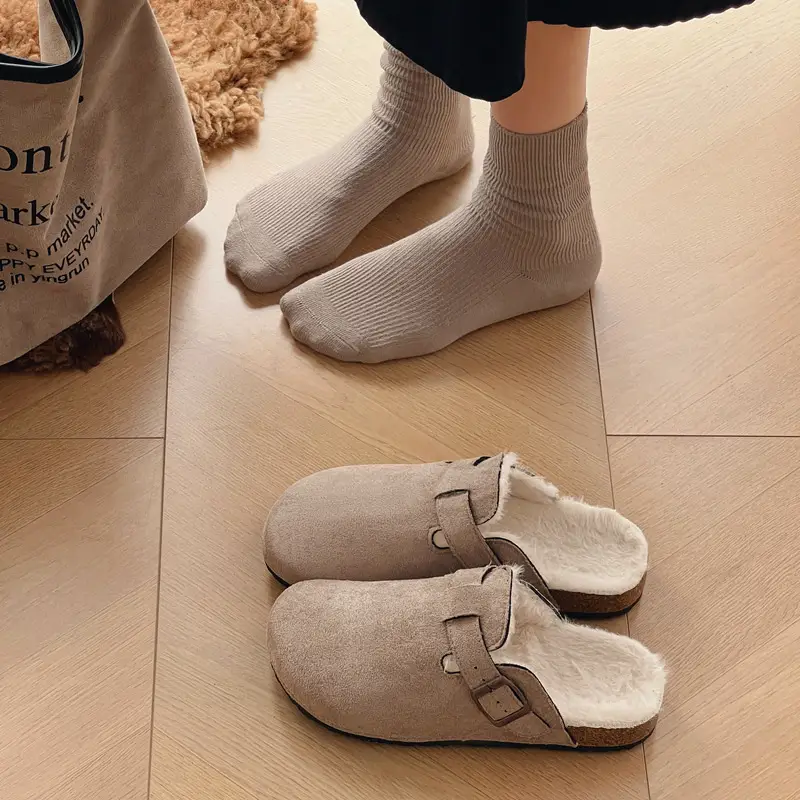 Trendy Furry Birkenstock Style Closed-Toe Mules for Women, New Autumn/Winter Non-Slip Warm Plush Slip-On Cotton Slippers for Men