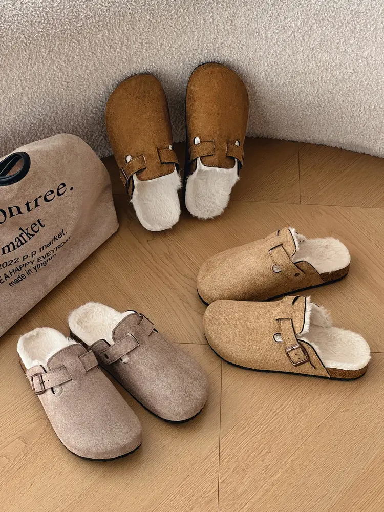 Trendy Furry Birkenstock Style Closed-Toe Mules for Women, New Autumn/Winter Non-Slip Warm Plush Slip-On Cotton Slippers for Men — feature 15