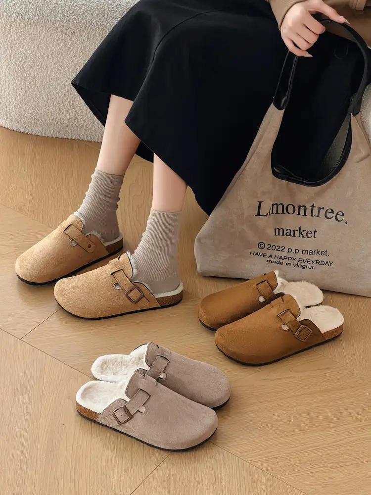 Trendy Furry Birkenstock Style Closed-Toe Mules for Women, New Autumn/Winter Non-Slip Warm Plush Slip-On Cotton Slippers for Men — feature 2