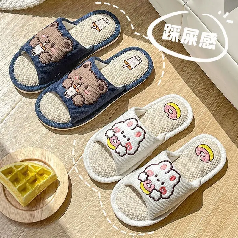 Linen Slippers for Women, Spring, Summer, and Autumn, for Home Use, Indoor, Cartoon Cute, Cotton and Linen, Silent Cotton, Home Couple Slippers, Summer Men's Slippers