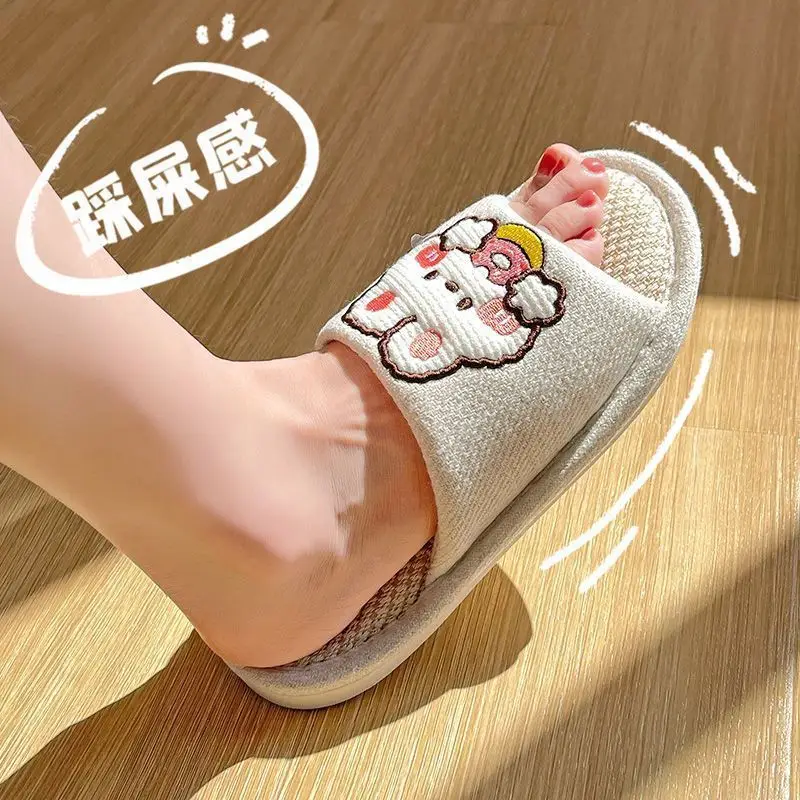Linen Slippers for Women, Spring, Summer, and Autumn, for Home Use, Indoor, Cartoon Cute, Cotton and Linen, Silent Cotton, Home Couple Slippers, Summer Men's Slippers