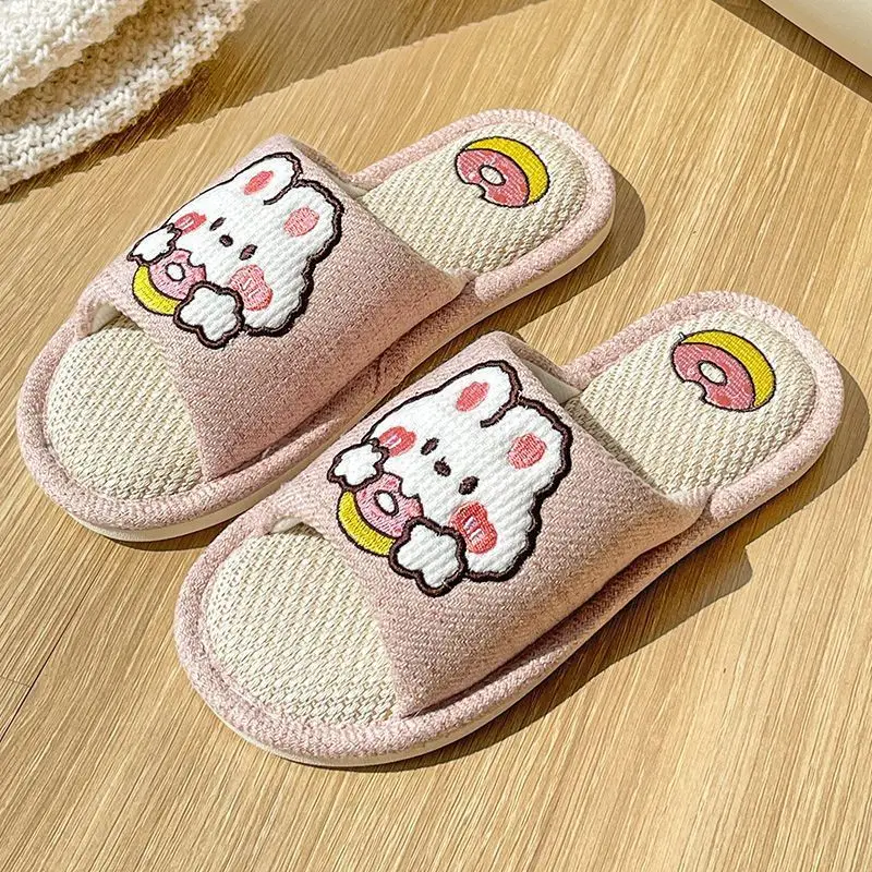 Linen Slippers for Women, Spring, Summer, and Autumn, for Home Use, Indoor, Cartoon Cute, Cotton and Linen, Silent Cotton, Home Couple Slippers, Summer Men's Slippers