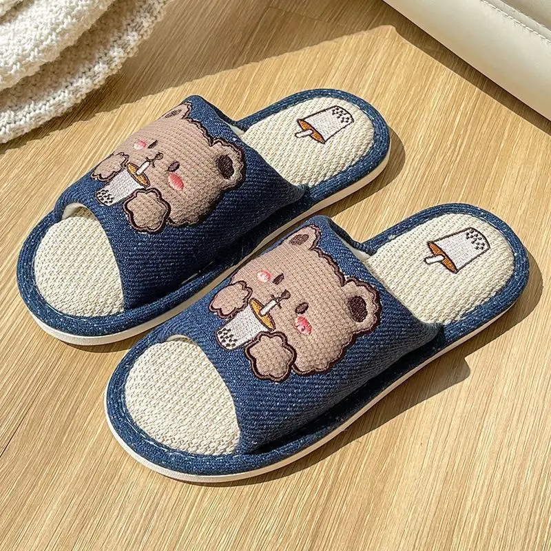 Linen Slippers for Women, Spring, Summer, and Autumn, for Home Use, Indoor, Cartoon Cute, Cotton and Linen, Silent Cotton, Home Couple Slippers, Summer Men's Slippers