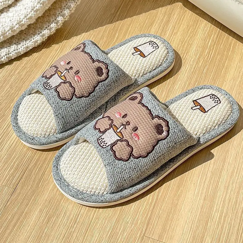 Linen Slippers for Women, Spring, Summer, and Autumn, for Home Use, Indoor, Cartoon Cute, Cotton and Linen, Silent Cotton, Home Couple Slippers, Summer Men's Slippers
