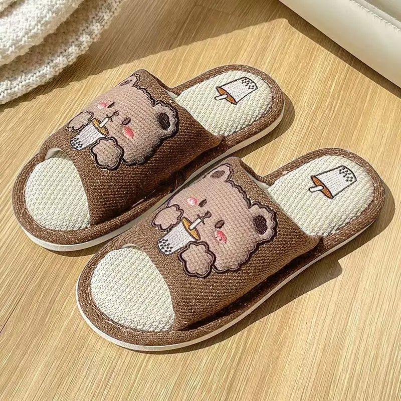 Linen Slippers for Women, Spring, Summer, and Autumn, for Home Use, Indoor, Cartoon Cute, Cotton and Linen, Silent Cotton, Home Couple Slippers, Summer Men's Slippers