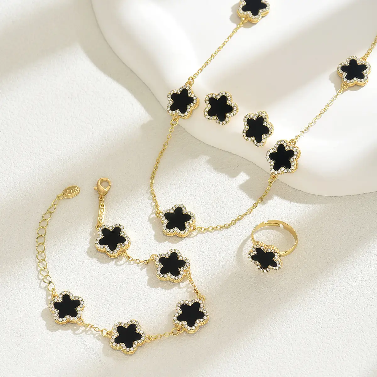 Gold Plated Black Stone Flower Necklace Set for Women