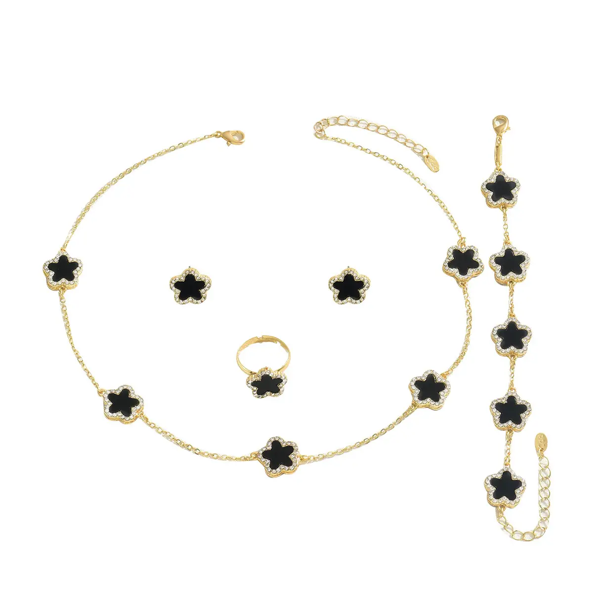 Gold Plated Black Stone Flower Necklace Set for Women