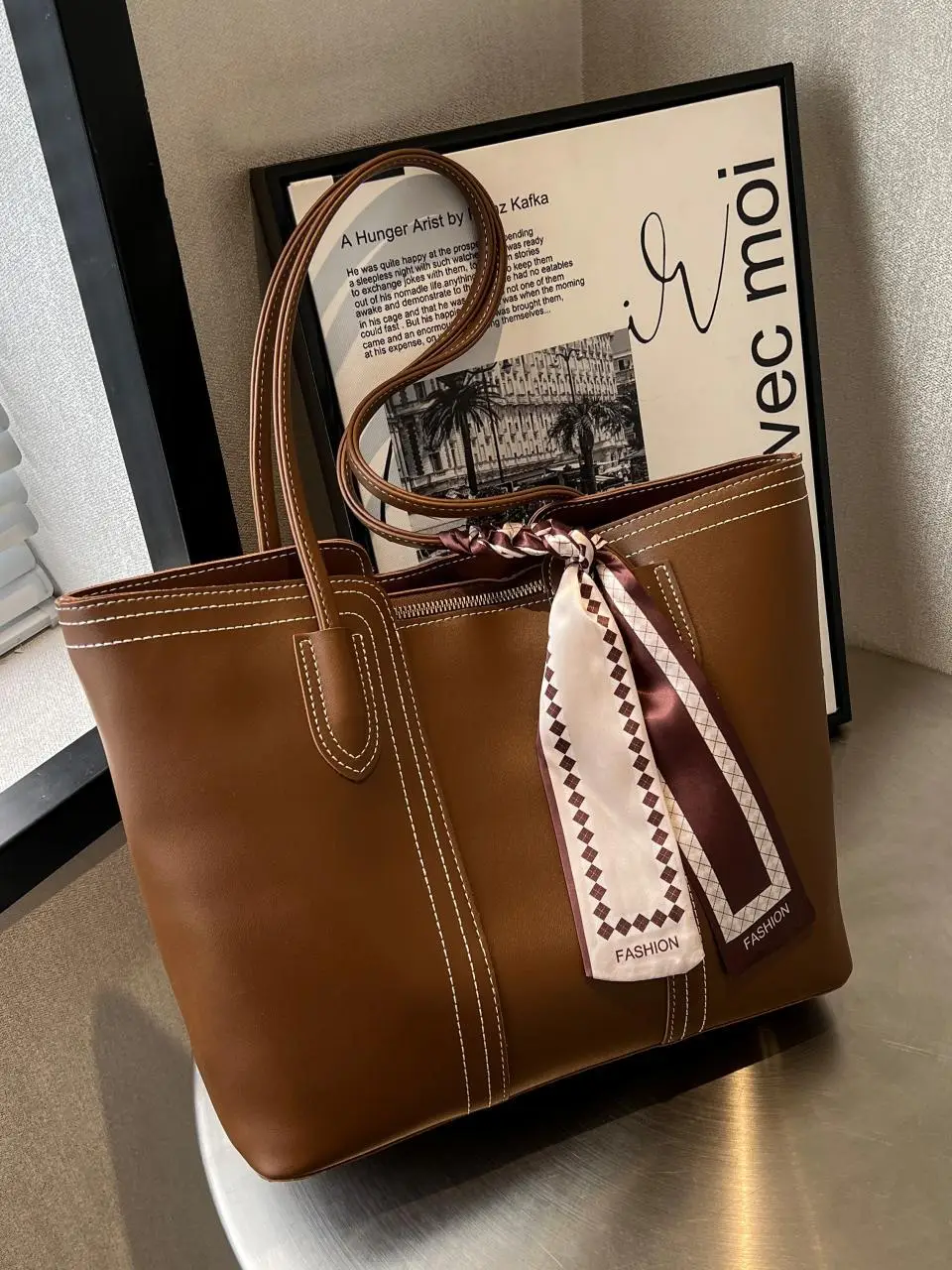 Women Large Capacity Cross-Border Tote Bag Beige - Image 7