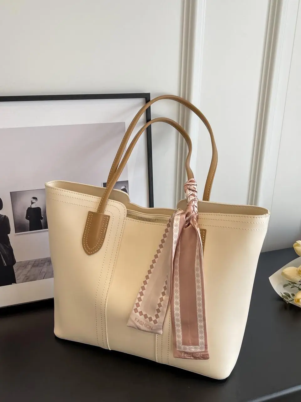 Women Large Capacity Cross-Border Tote Bag Beige - Image 9