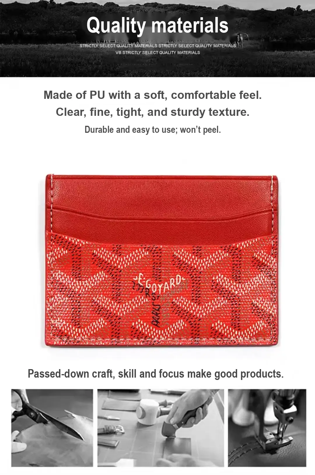 Red card holder; panel states PU material and shows close-up product-making steps.