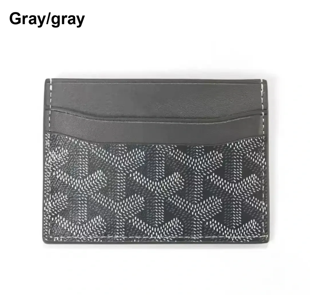 Gray patterned card holder viewed from the front.
