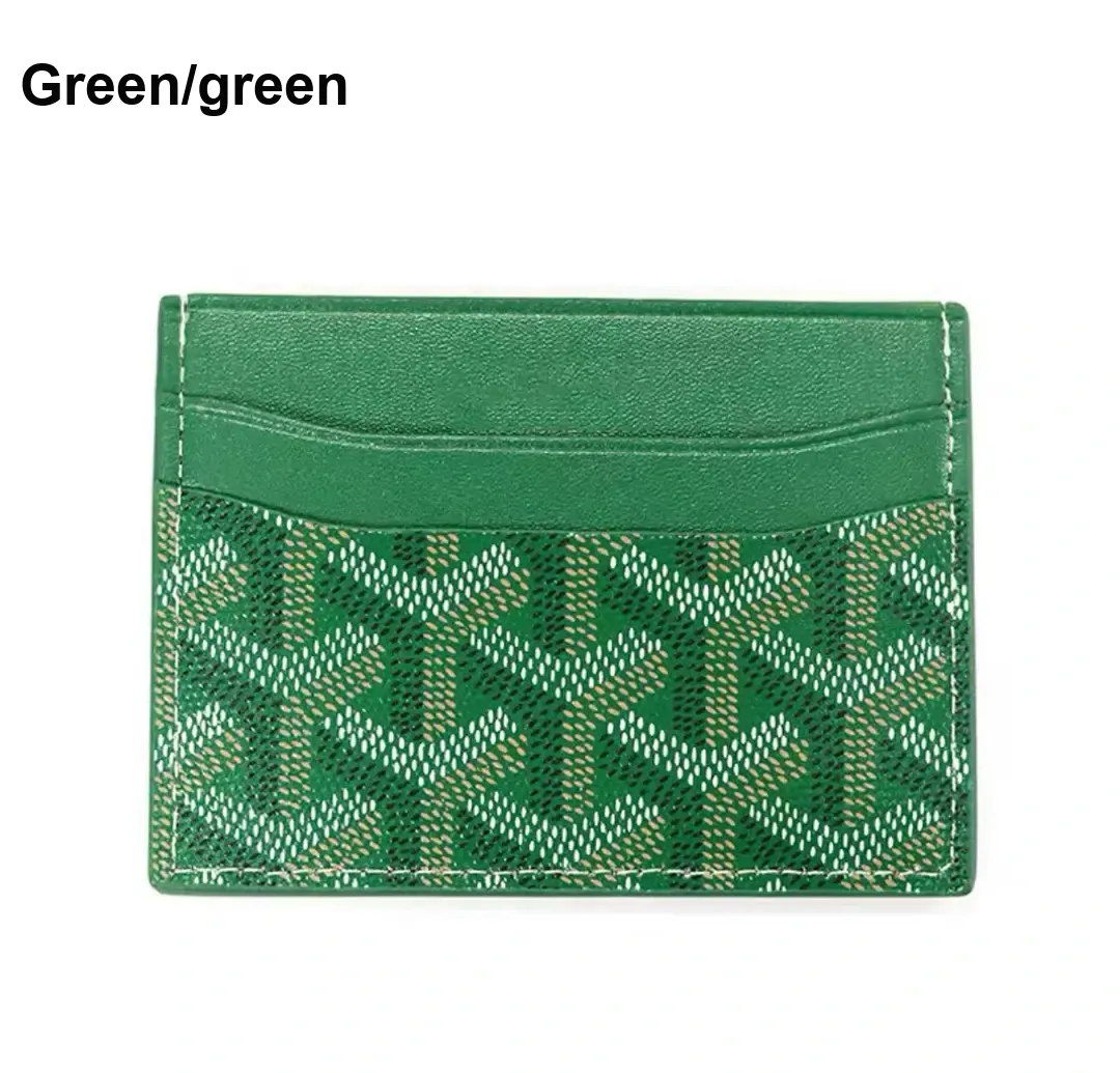 Green patterned card holder viewed from the front.