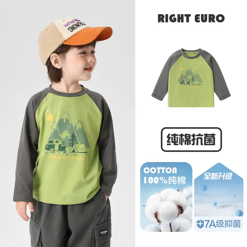 Kids Long Sleeve T-Shirts Green Blue 7A Grade Cotton