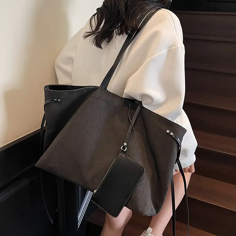 Women's Canvas Shoulder Bag Brown Black Zippered Pocket - Image 4