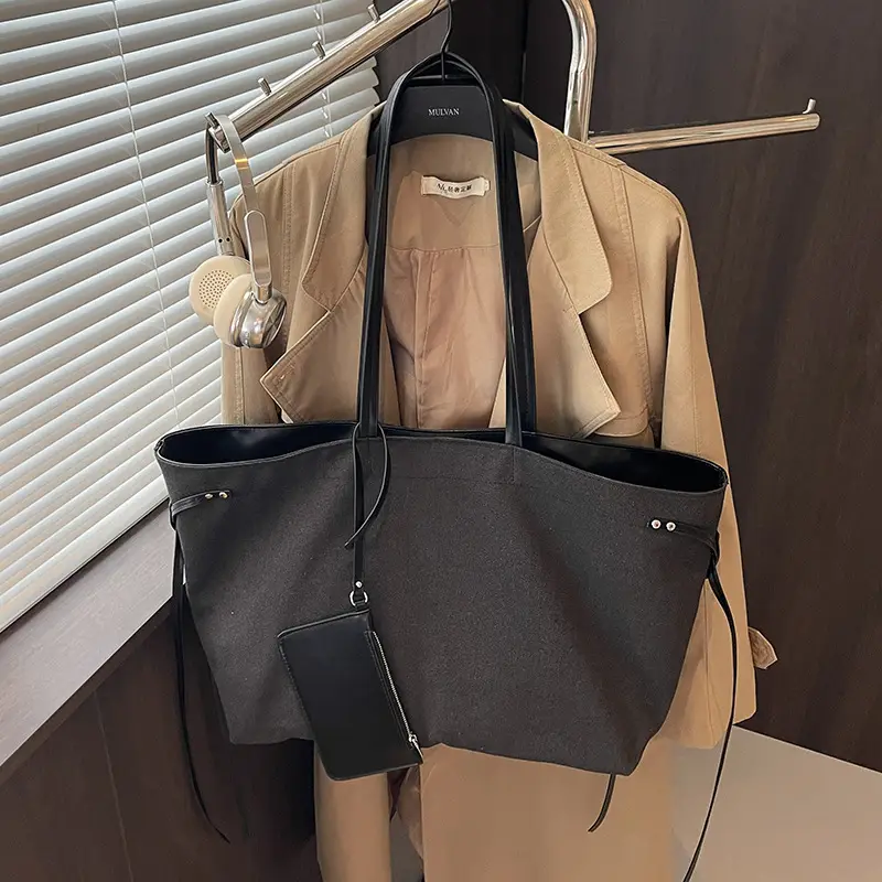 Women's Canvas Shoulder Bag Brown Black Zippered Pocket - Image 5