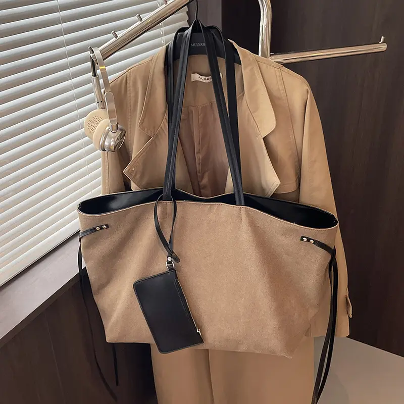 Women's Canvas Shoulder Bag Brown Black Zippered Pocket - Image 6