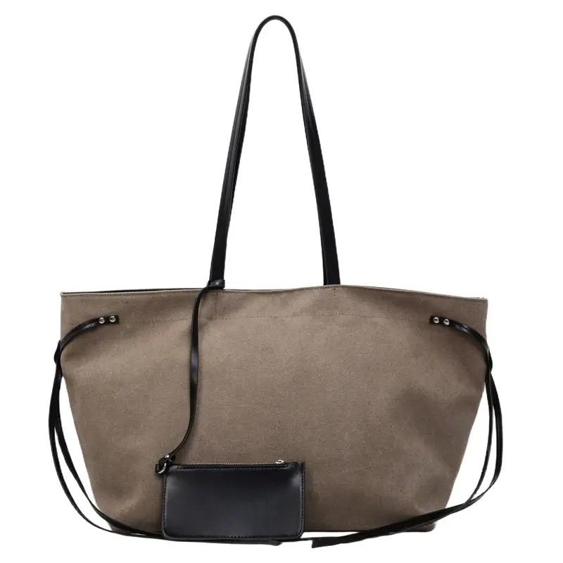 Women's Canvas Shoulder Bag Brown Black Zippered Pocket - Image 7