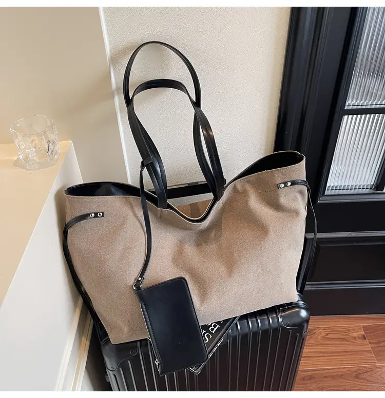 Women's Canvas Shoulder Bag Brown Black Zippered Pocket — feature 13