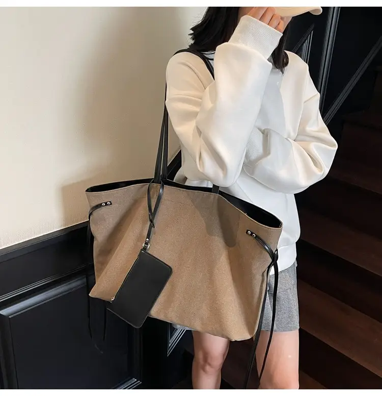 Women's Canvas Shoulder Bag Brown Black Zippered Pocket — feature 15