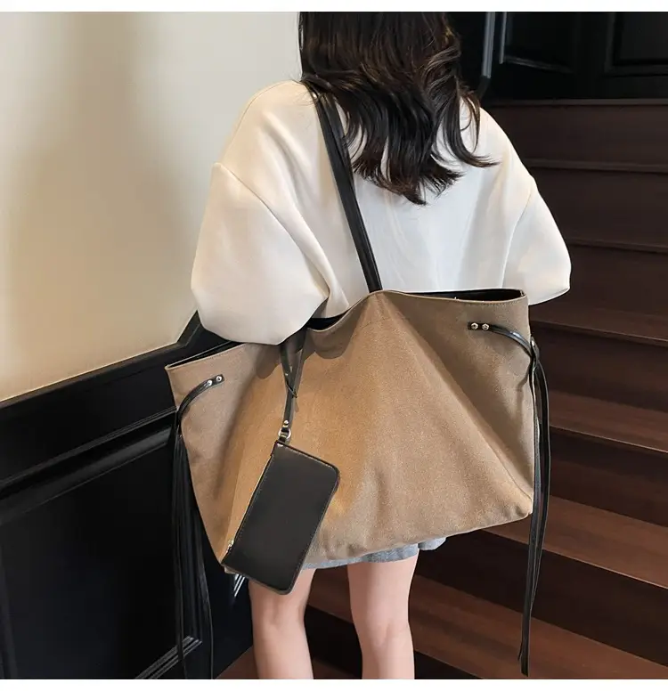 Women's Canvas Shoulder Bag Brown Black Zippered Pocket — feature 17