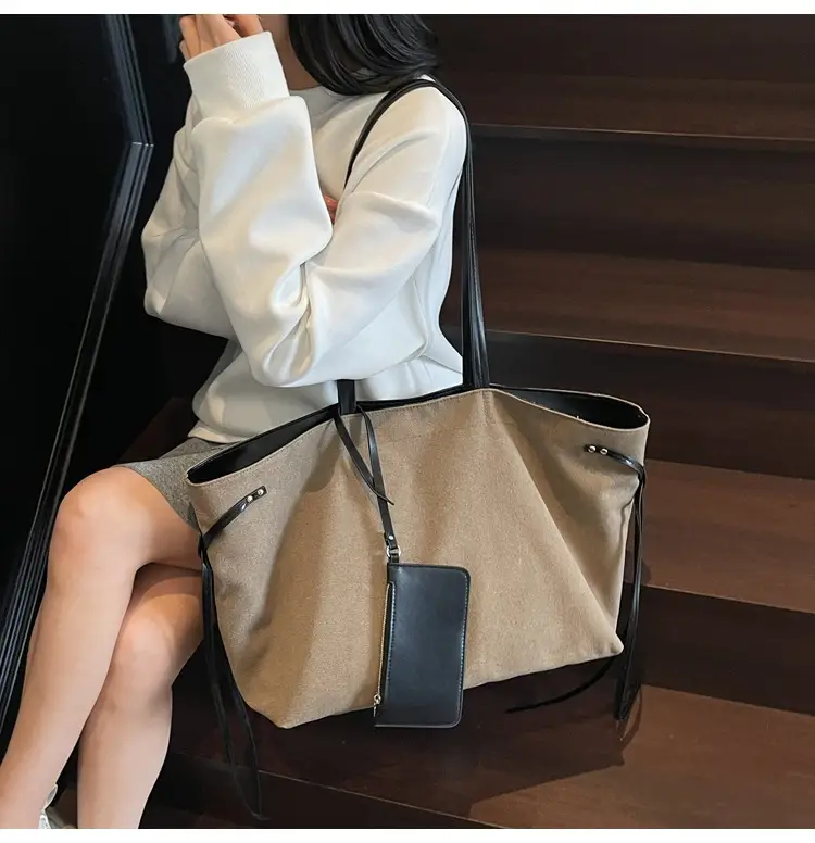 Women's Canvas Shoulder Bag Brown Black Zippered Pocket — feature 18