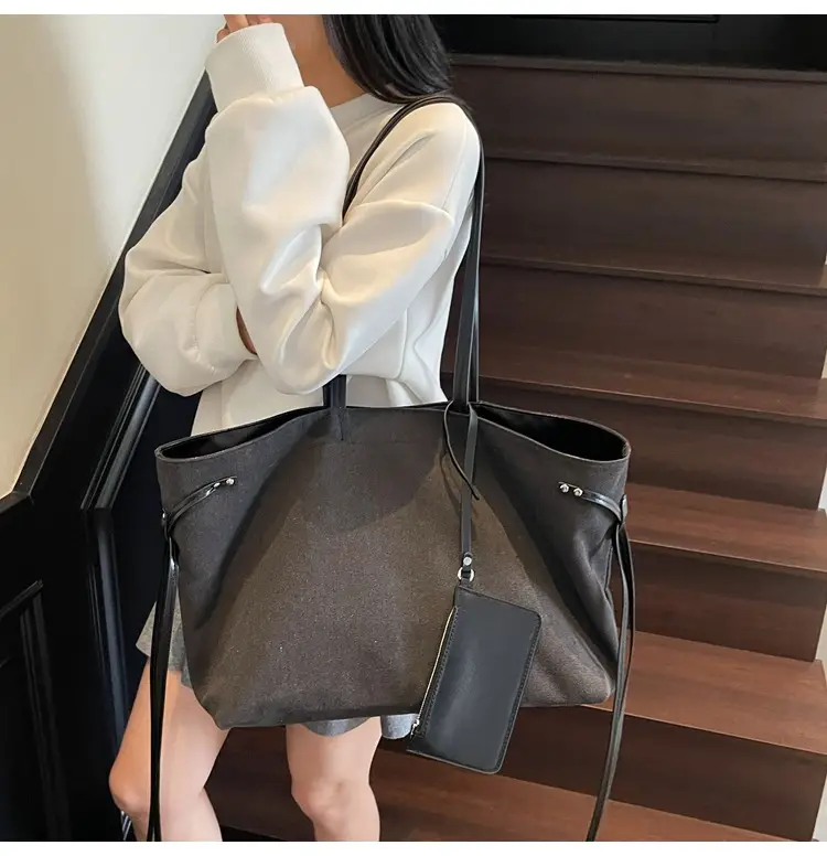 Women's Canvas Shoulder Bag Brown Black Zippered Pocket — feature 20