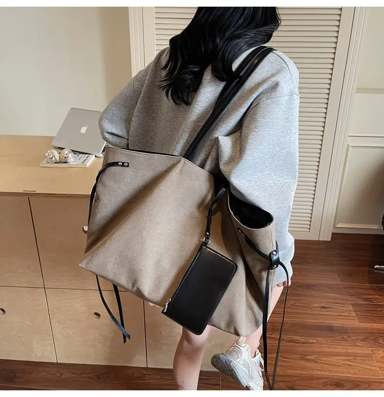 Women's Canvas Shoulder Bag Brown Black Zippered Pocket — feature 22
