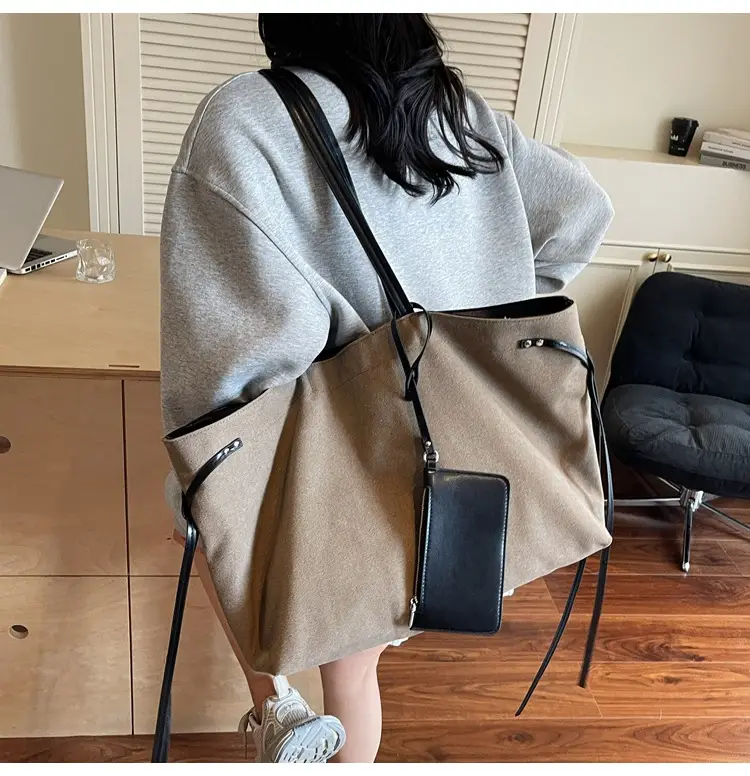 Women's Canvas Shoulder Bag Brown Black Zippered Pocket — feature 23