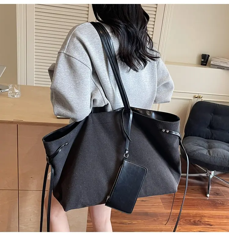Women's Canvas Shoulder Bag Brown Black Zippered Pocket — feature 24