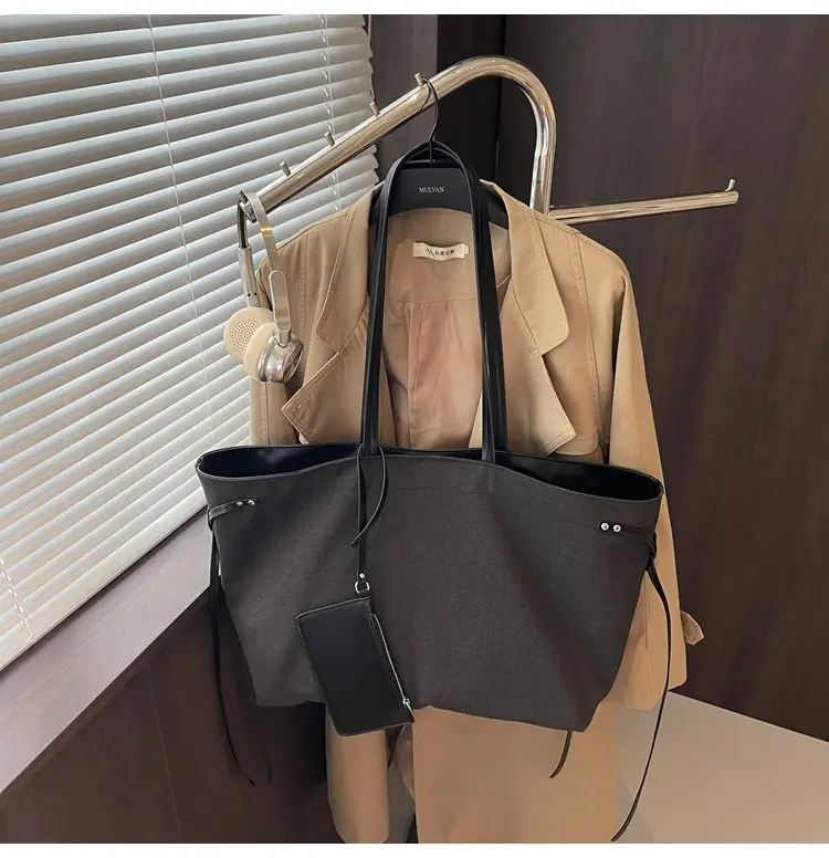 Women's Canvas Shoulder Bag Brown Black Zippered Pocket — feature 26