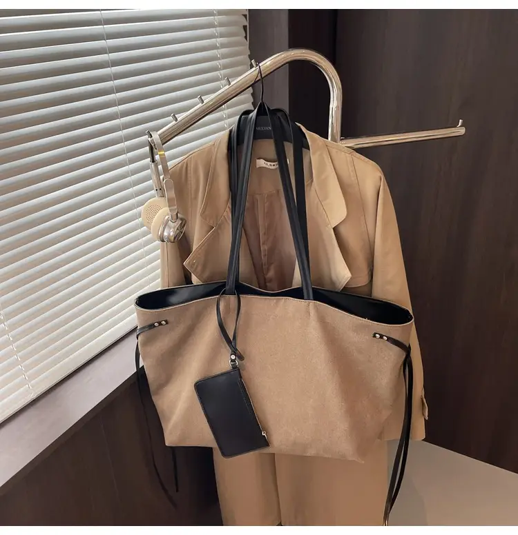 Women's Canvas Shoulder Bag Brown Black Zippered Pocket — feature 27