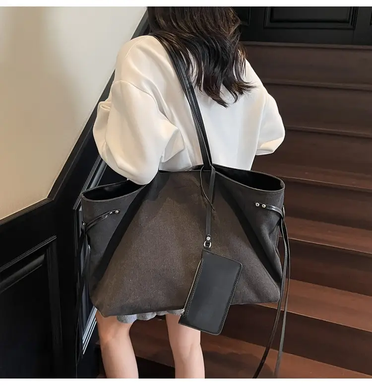 Women's Canvas Shoulder Bag Brown Black Zippered Pocket — feature 3