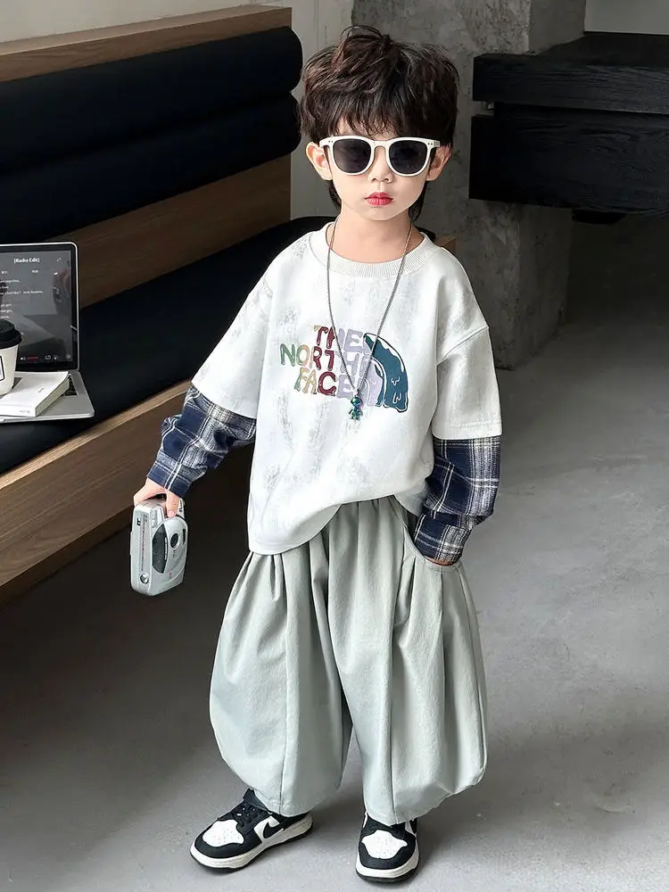 Boys 2-Piece Sweatshirt Set Light Green Plaid Long Sleeve T-Shirt - Image 3