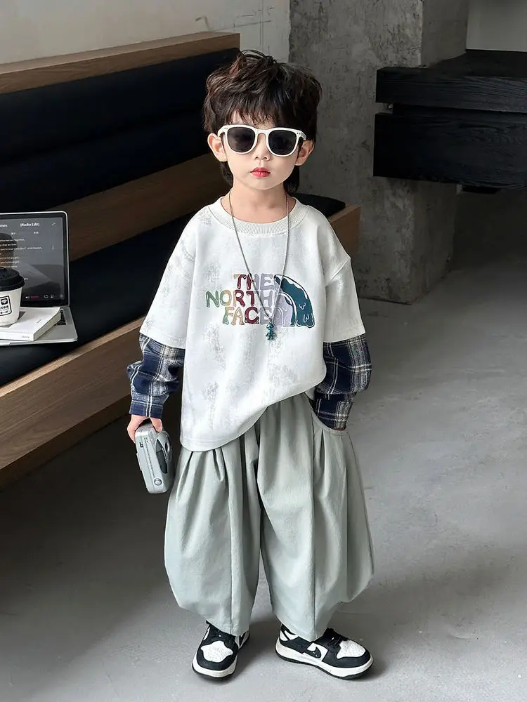 Boys 2-Piece Sweatshirt Set Light Green Plaid Long Sleeve T-Shirt - Image 4