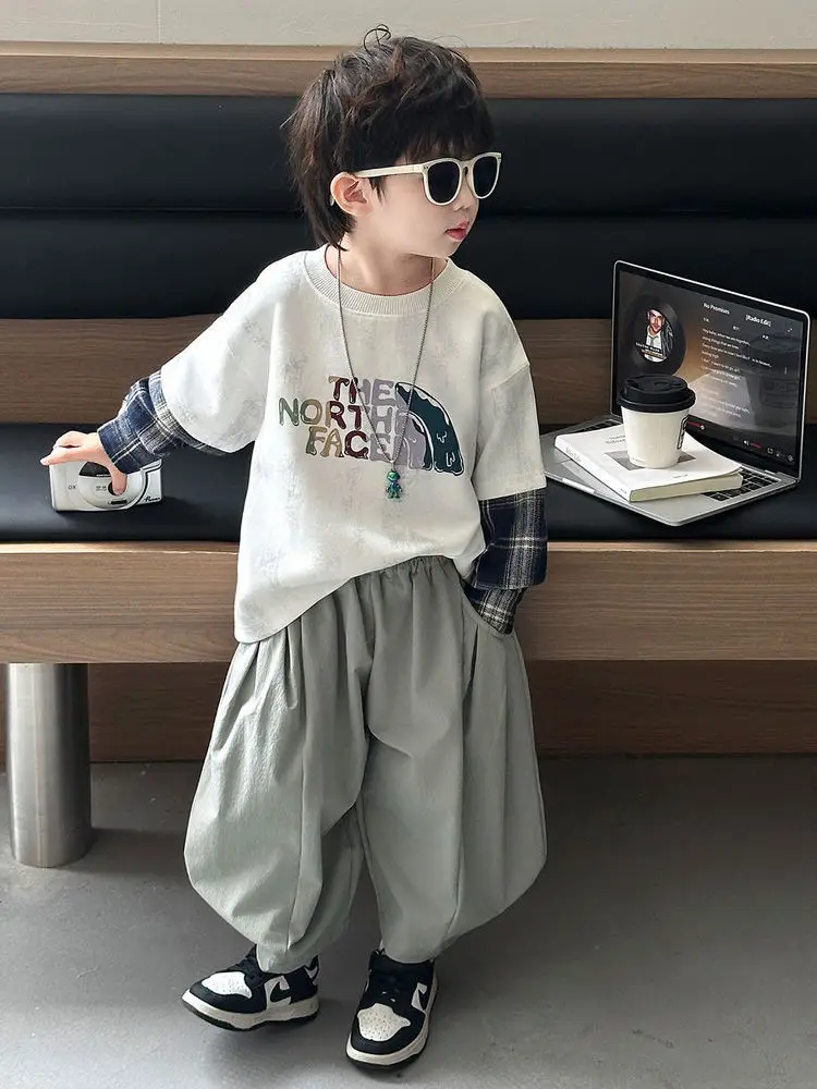 Boys 2-Piece Sweatshirt Set Light Green Plaid Long Sleeve T-Shirt - Image 5